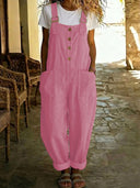 Causal Solid-Color Cotton-Linen Jumpsuit
