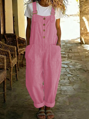 Causal Solid-Color Cotton-Linen Jumpsuit