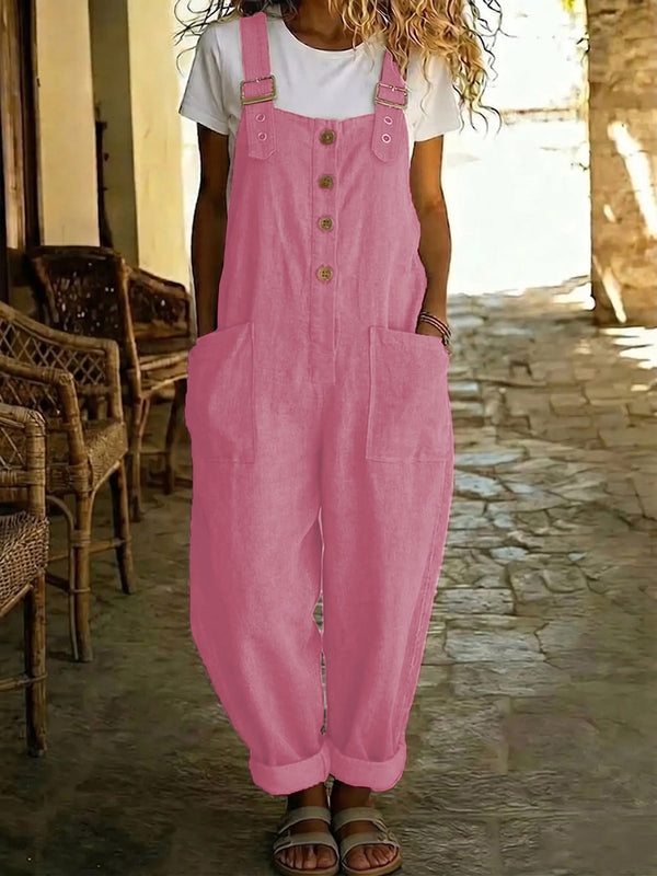 Causal Solid-Color Cotton-Linen Jumpsuit