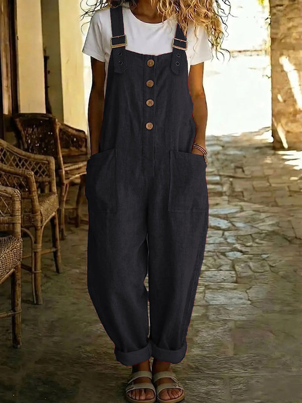 Causal Solid-Color Cotton-Linen Jumpsuit