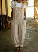 Causal Solid-Color Cotton-Linen Jumpsuit