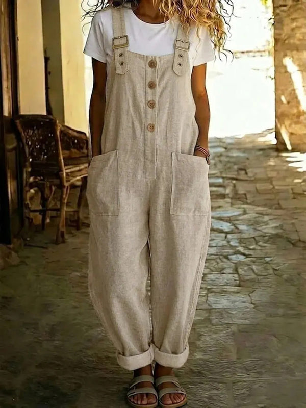 Causal Solid-Color Cotton-Linen Jumpsuit