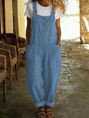 Causal Solid-Color Cotton-Linen Jumpsuit