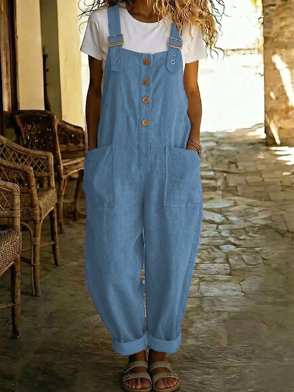 Causal Solid-Color Cotton-Linen Jumpsuit