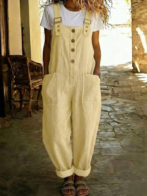 Causal Solid-Color Cotton-Linen Jumpsuit