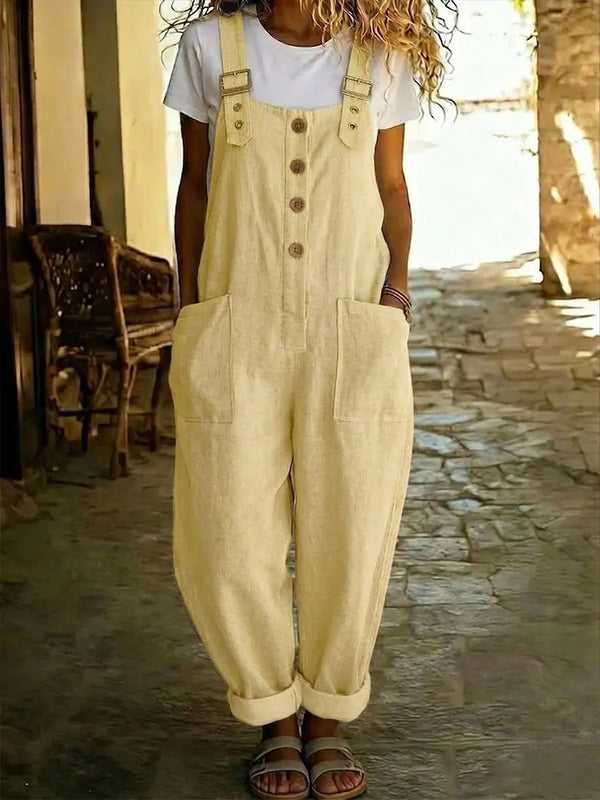 Causal Solid-Color Cotton-Linen Jumpsuit