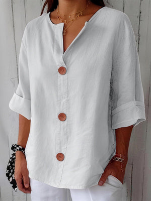 Chic Button Detail Cotton Linen Top