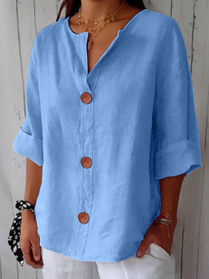 Chic Button Detail Cotton Linen Top