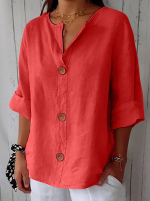 Chic Button Detail Cotton Linen Top