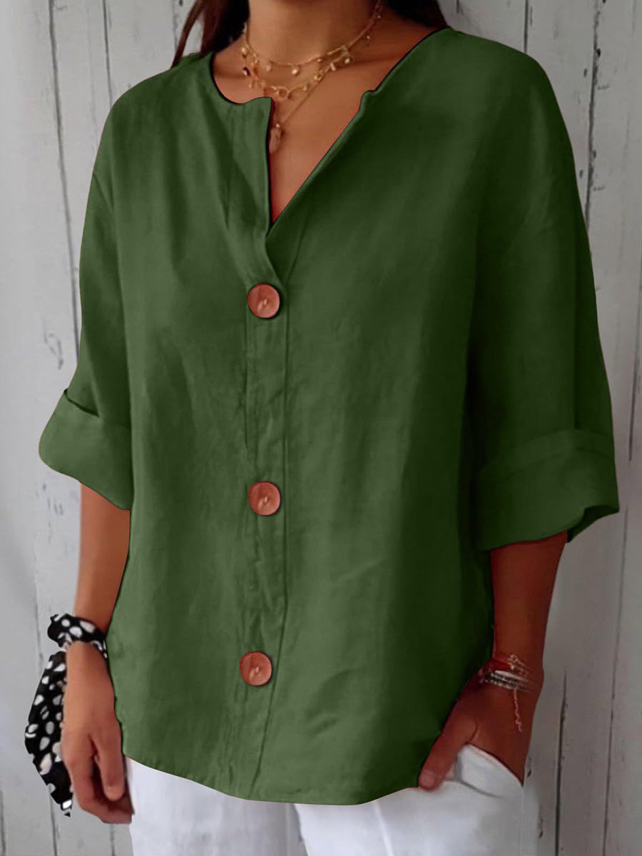 Chic Button Detail Cotton Linen Top