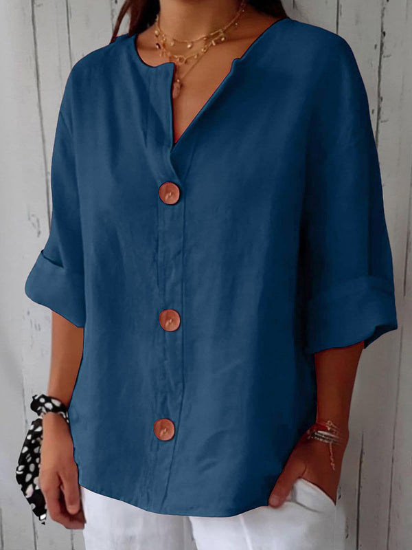 Chic Button Detail Cotton Linen Top