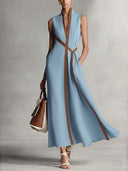 Chic Cotton Linen Color Block Tie Maxi Dress