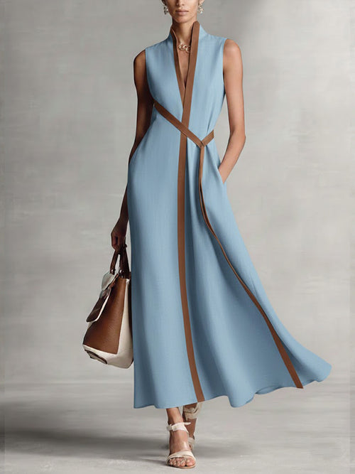 Chic Cotton Linen Color Block Tie Maxi Dress