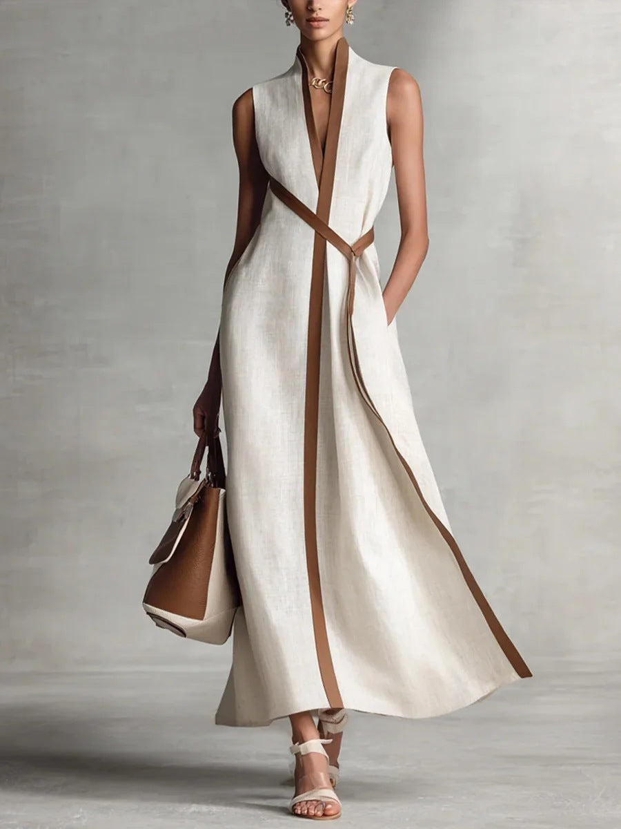 Chic Cotton Linen Color Block Tie Maxi Dress
