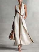 Chic Cotton Linen Color Block Tie Maxi Dress