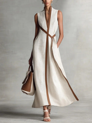 Chic Cotton Linen Color Block Tie Maxi Dress