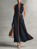 Chic Cotton Linen Color Block Tie Maxi Dress