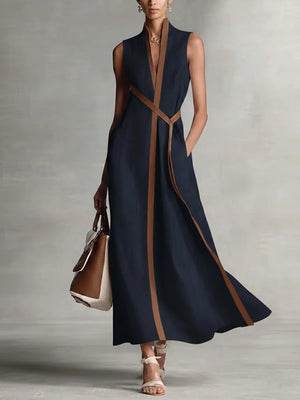 Chic Cotton Linen Color Block Tie Maxi Dress