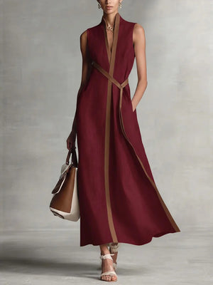 Chic Cotton Linen Color Block Tie Maxi Dress