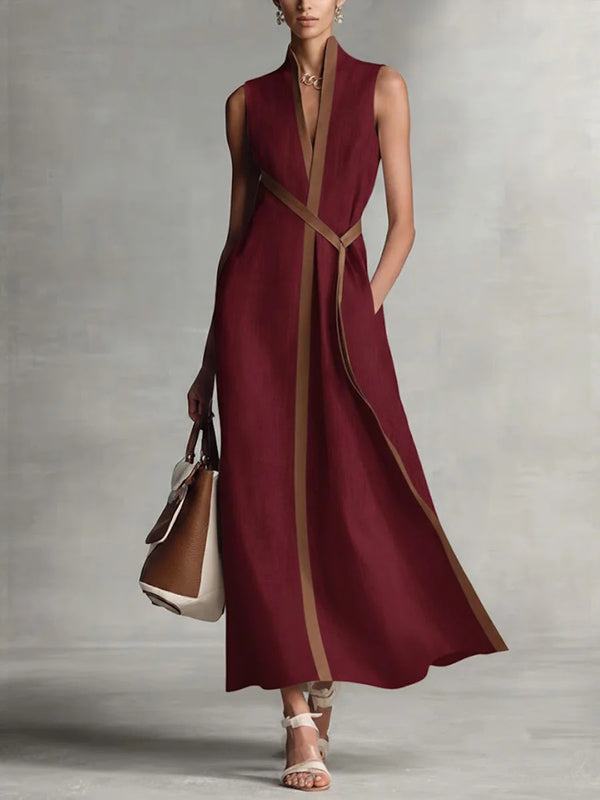 Chic Cotton Linen Color Block Tie Maxi Dress