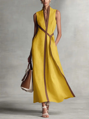 Chic Cotton Linen Color Block Tie Maxi Dress