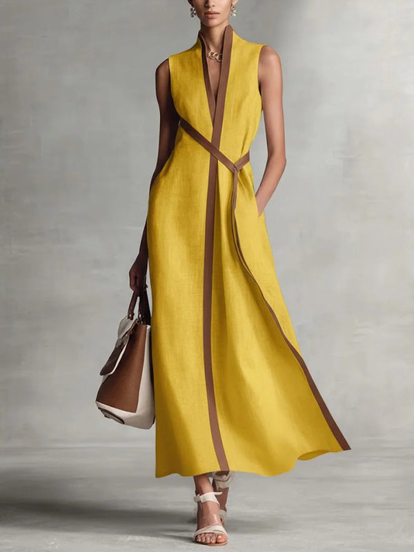 Chic Cotton Linen Color Block Tie Maxi Dress