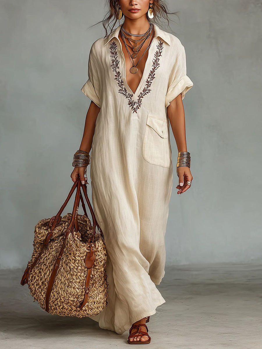 Chic Cotton Linen Printed Lapel Maxi Dress