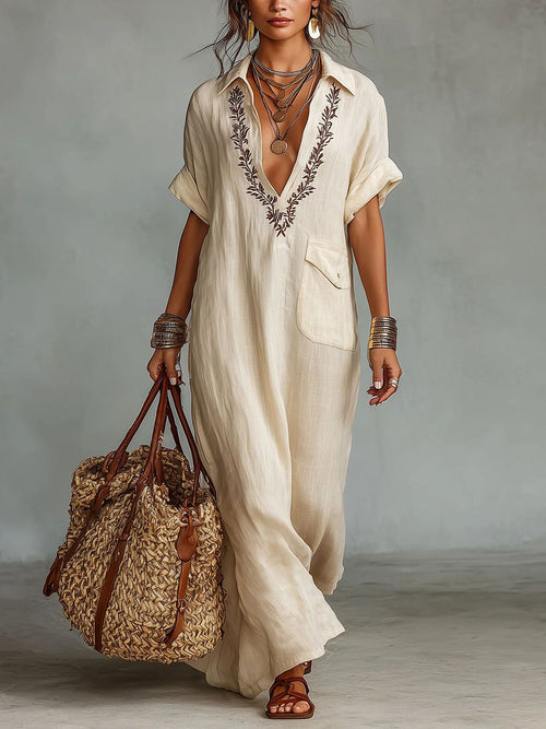 Chic Cotton Linen Printed Lapel Maxi Dress