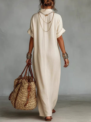 Chic Cotton Linen Printed Lapel Maxi Dress