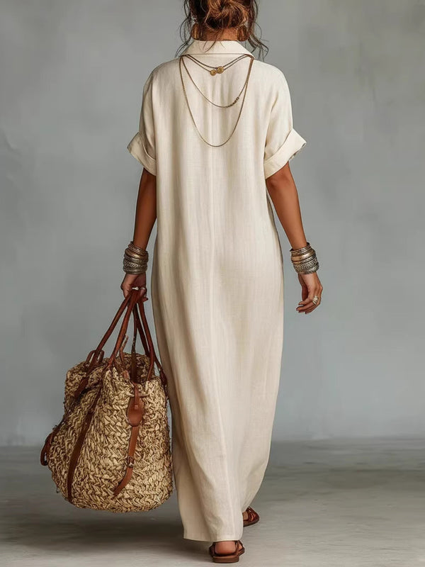 Chic Cotton Linen Printed Lapel Maxi Dress
