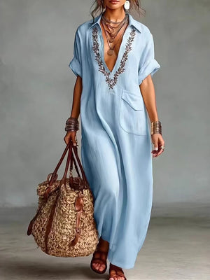 Chic Cotton Linen Printed Lapel Maxi Dress