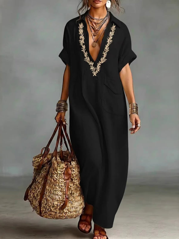 Chic Cotton Linen Printed Lapel Maxi Dress