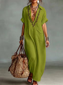 Chic Cotton Linen Printed Lapel Maxi Dress