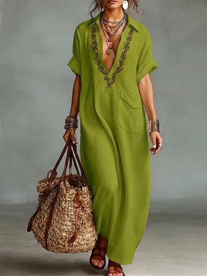 Chic Cotton Linen Printed Lapel Maxi Dress