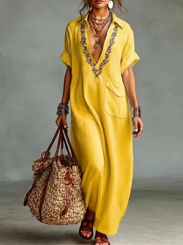 Chic Cotton Linen Printed Lapel Maxi Dress