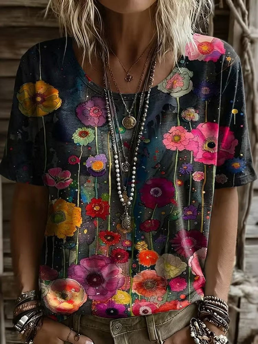 Chic Floral Pattern Casual Short Sleeved T-shirt