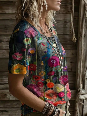 Chic Floral Pattern Casual Short Sleeved T-shirt