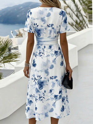 Chic Floral Print V-Neck Midi Dress