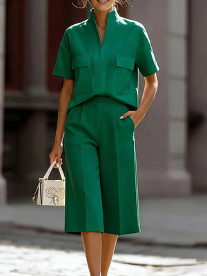 Chic Stand Collar Shirt & Pants Set
