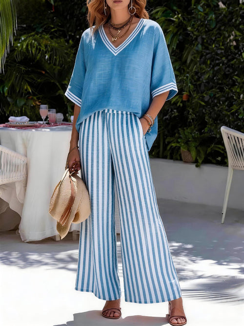 Chic Striped V-Neck Lounge Set