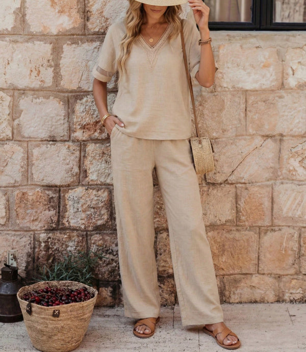 Chic V-Neck Embroidered Wide-Leg Set