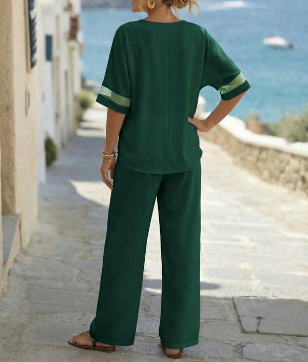 Chic V-Neck Embroidered Wide-Leg Set