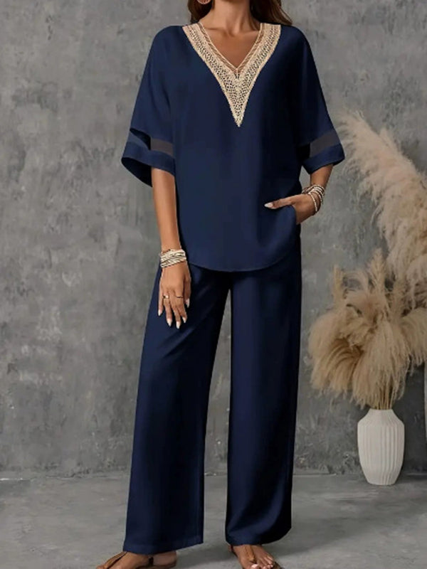 Chic V-Neck Embroidered Wide-Leg Set