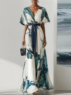 Chic V-Neck Tie Waist Flowy Maxi Dress