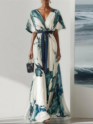 Chic V-Neck Tie Waist Flowy Maxi Dress