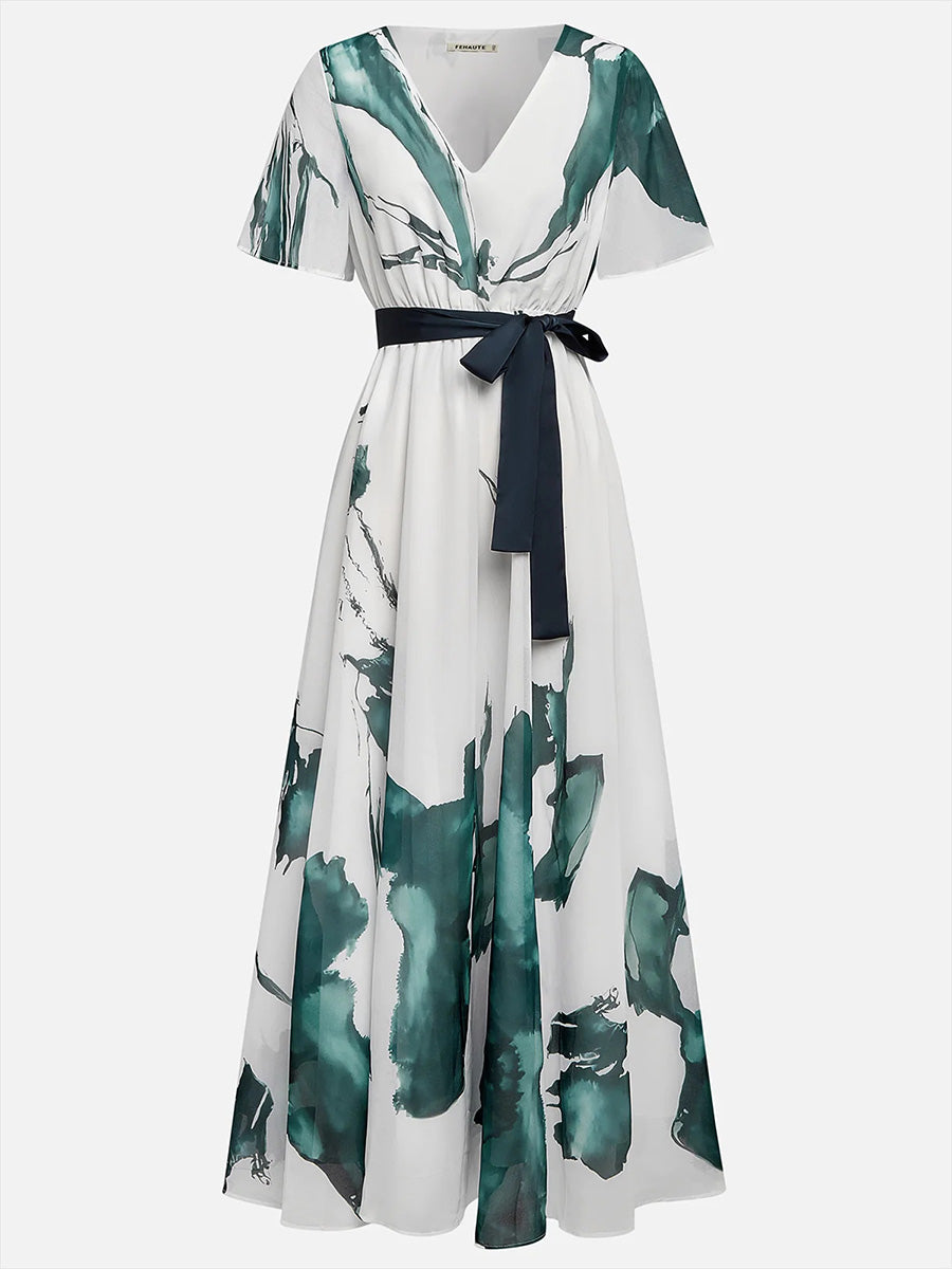 Chic V-Neck Tie Waist Flowy Maxi Dress