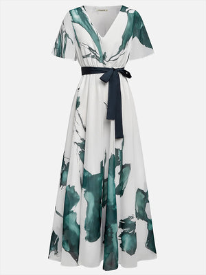 Chic V-Neck Tie Waist Flowy Maxi Dress