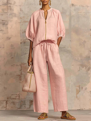 Chic Zipper V-Neck Two-Piece Set