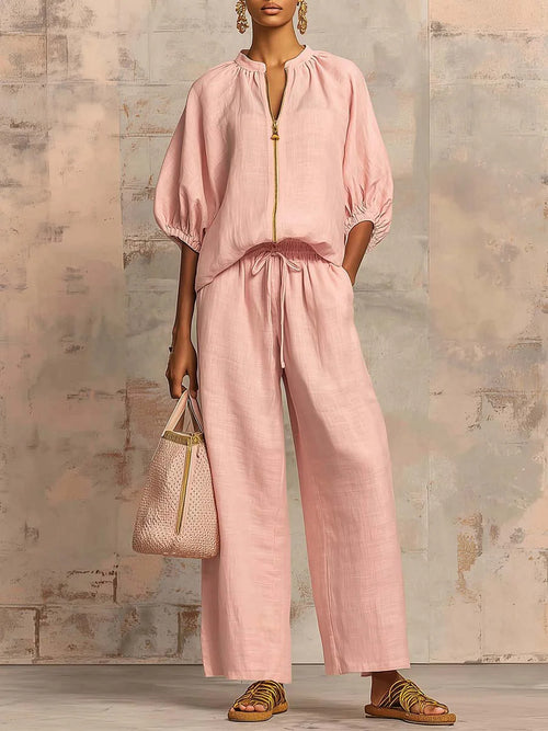 Chic Zipper V-Neck Two-Piece Set