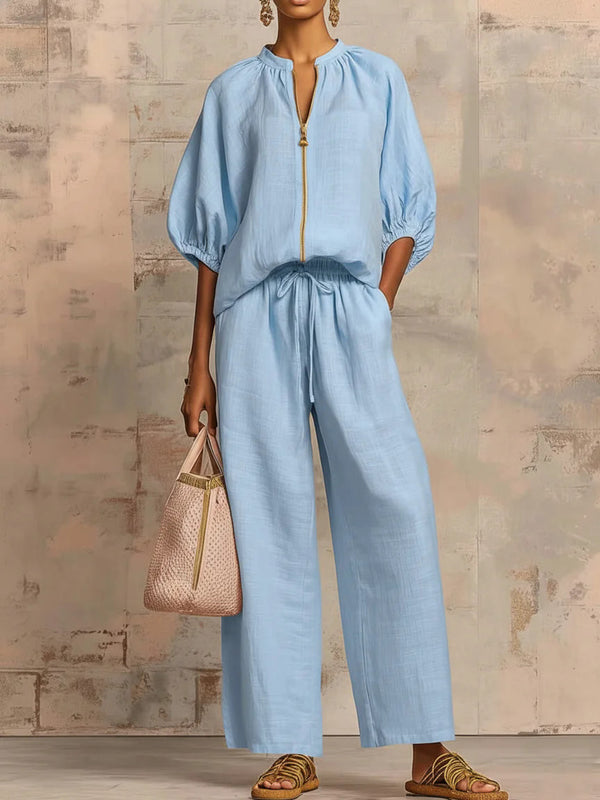 Chic Zipper V-Neck Two-Piece Set